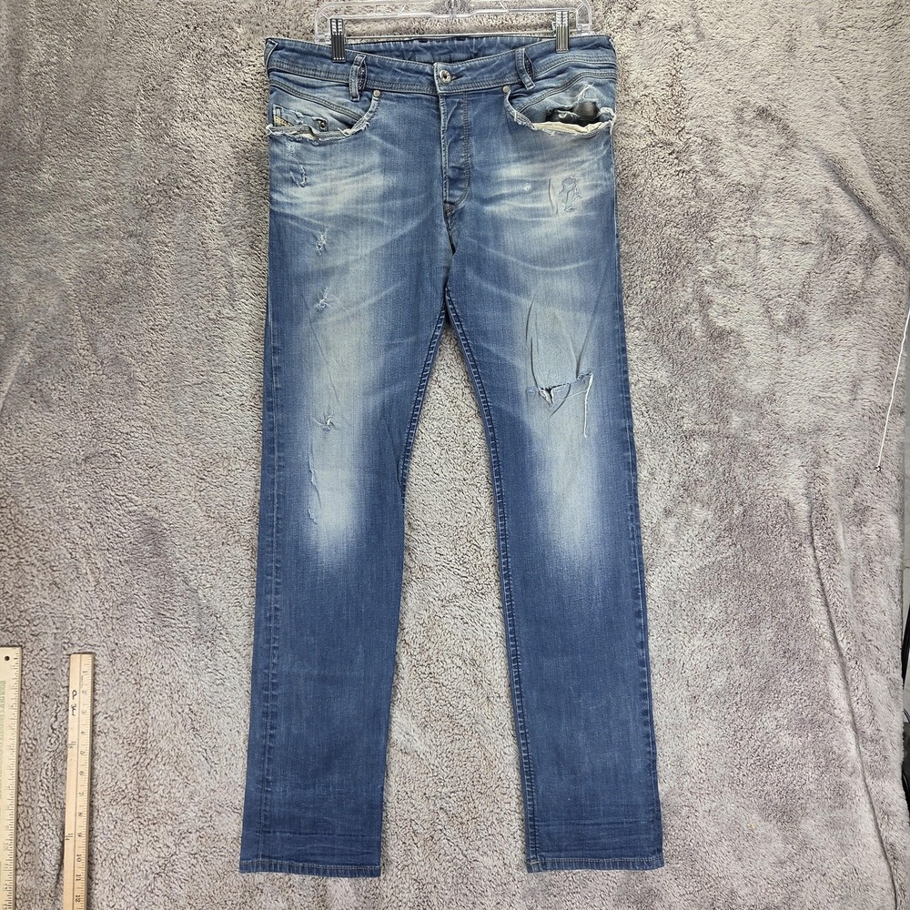 Diesel Jeans Mens 34x32 Blue Iakop Regular Slim Tapered Stretch Button Fly 0607P
